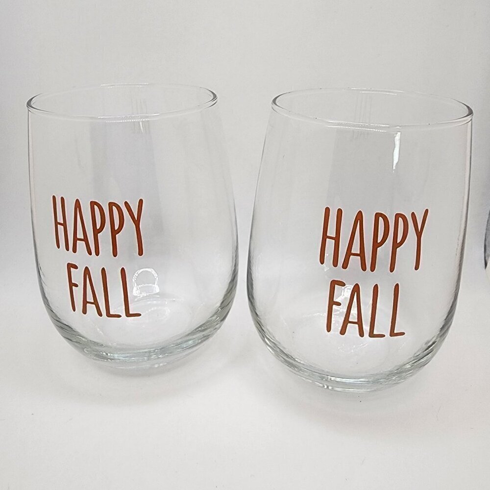Set of 2 "Happy Fall" Stemless Wine Glasses